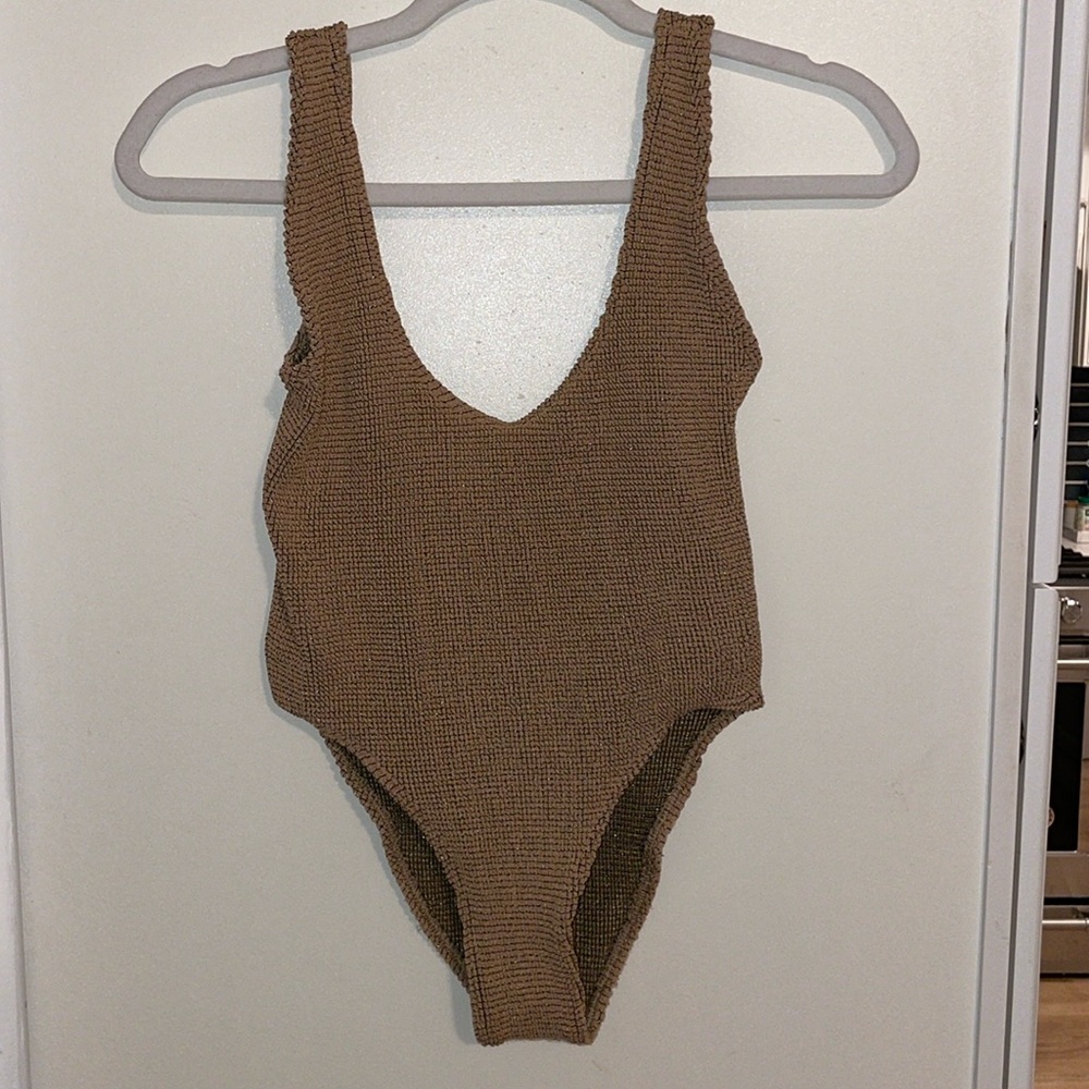 Bond-eye tan/brown metallic one piece bathing suit | OS